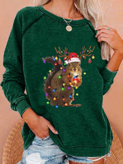 Women's Christmas Squirrel Lights Print Casual Sweatshirt