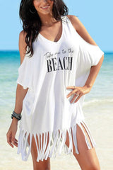 White Cold Shoulder Fringe Letter Print T Shirt Dress Beach Cover Up