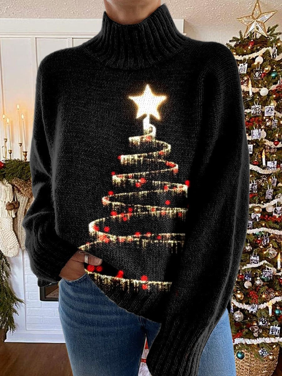 Glitter Christmas Tree Print Knit Turtleneck Pullover Sweater