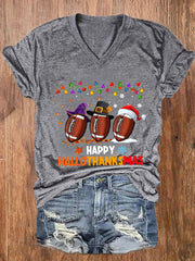 Halloween Thanksgiving Festival Happy Hallothanksmas Print V-Neck T-Shirt