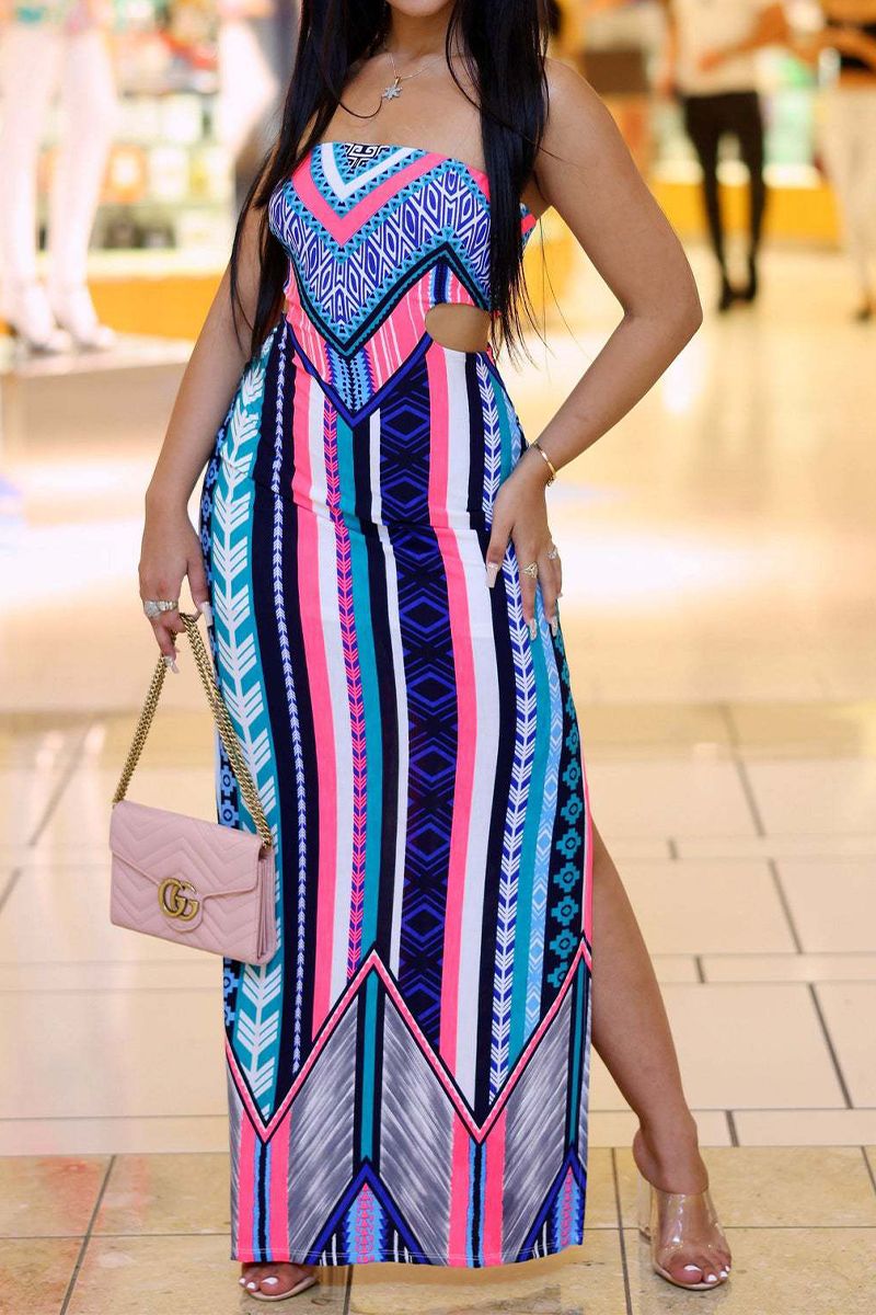 Geo Print Cut Out Split Side Maxi Dress