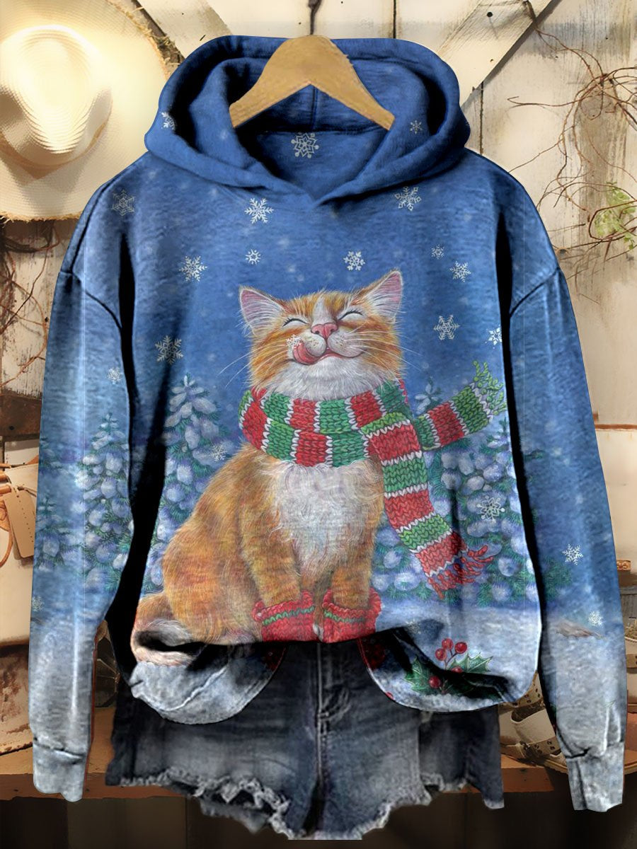 Christmas Scarf Cat Art Print Casual Hoodie