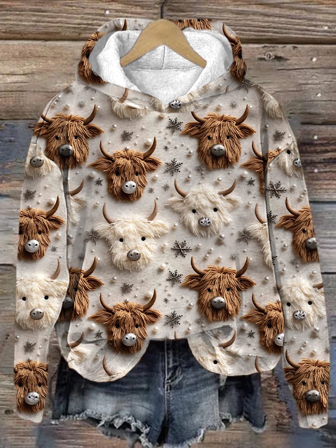 Women's Christmas Cow Head Print Hoodie