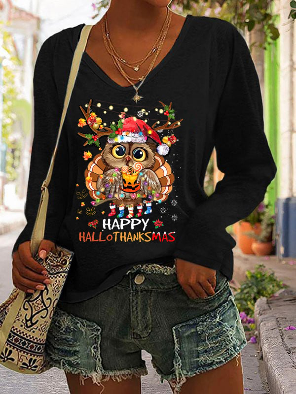 Happy Hallothanksmas Print Long Sleeve V-Neck T-Shirt