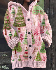 Pink Christmas Tree Embroidery Print Casual Hooded Cardigan