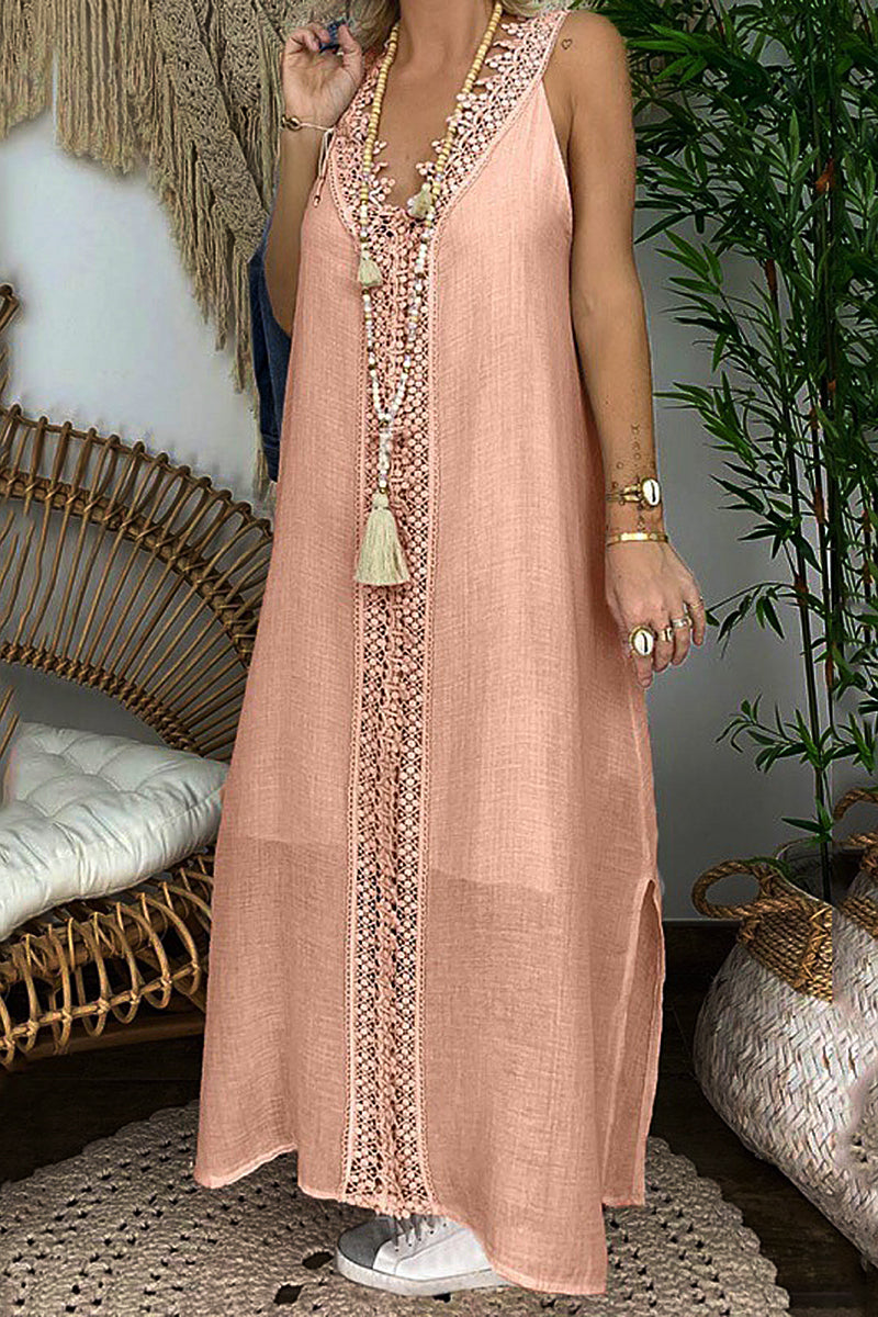 Guipure Lace Trim Split Hem Maxi Dress