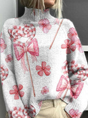 Merry Christmas Candy Cane Print Knit Turtleneck Pullover Sweater