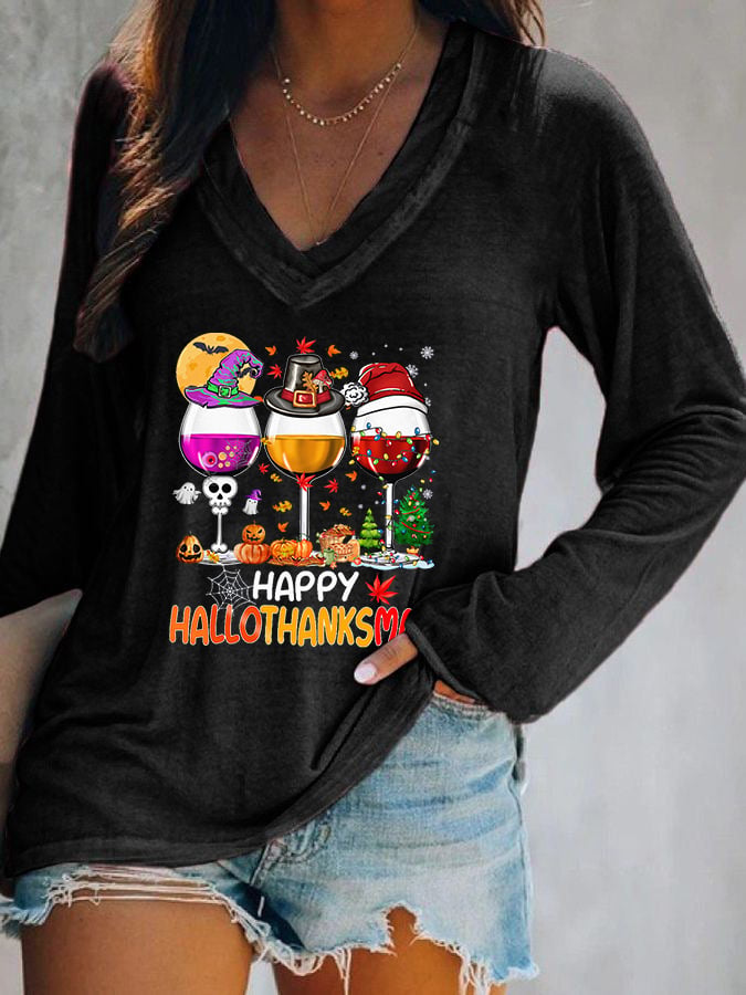 Happy Hallothanksmas Wine Print V-Neck Long Sleeve T-Shirt
