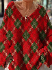 Christmas Color Plaid Pattern Printed Casual Pullover Sweater