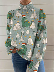 Lovely Christmas Dinosaur Tree Art Print Knit Turtleneck Pullover Sweater