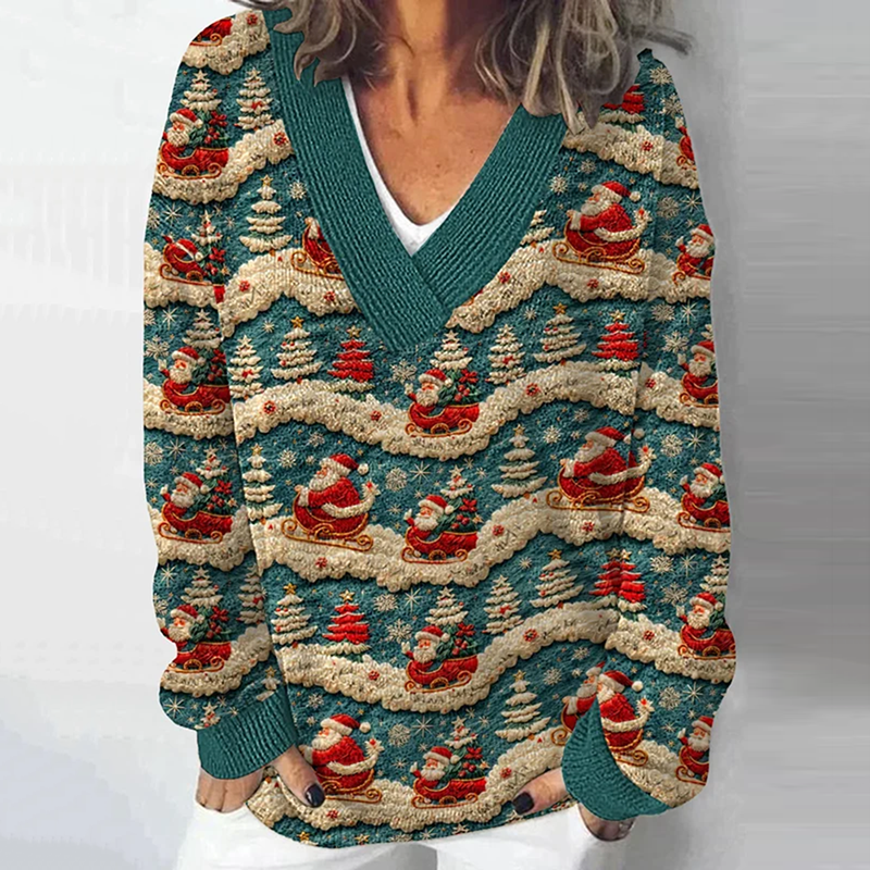 Christmas Vintage Santa On Sleigh Christmas Tree Printed Light Sweater