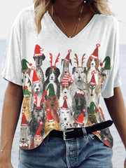 Christmas Dog Print V-Neck T-Shirt
