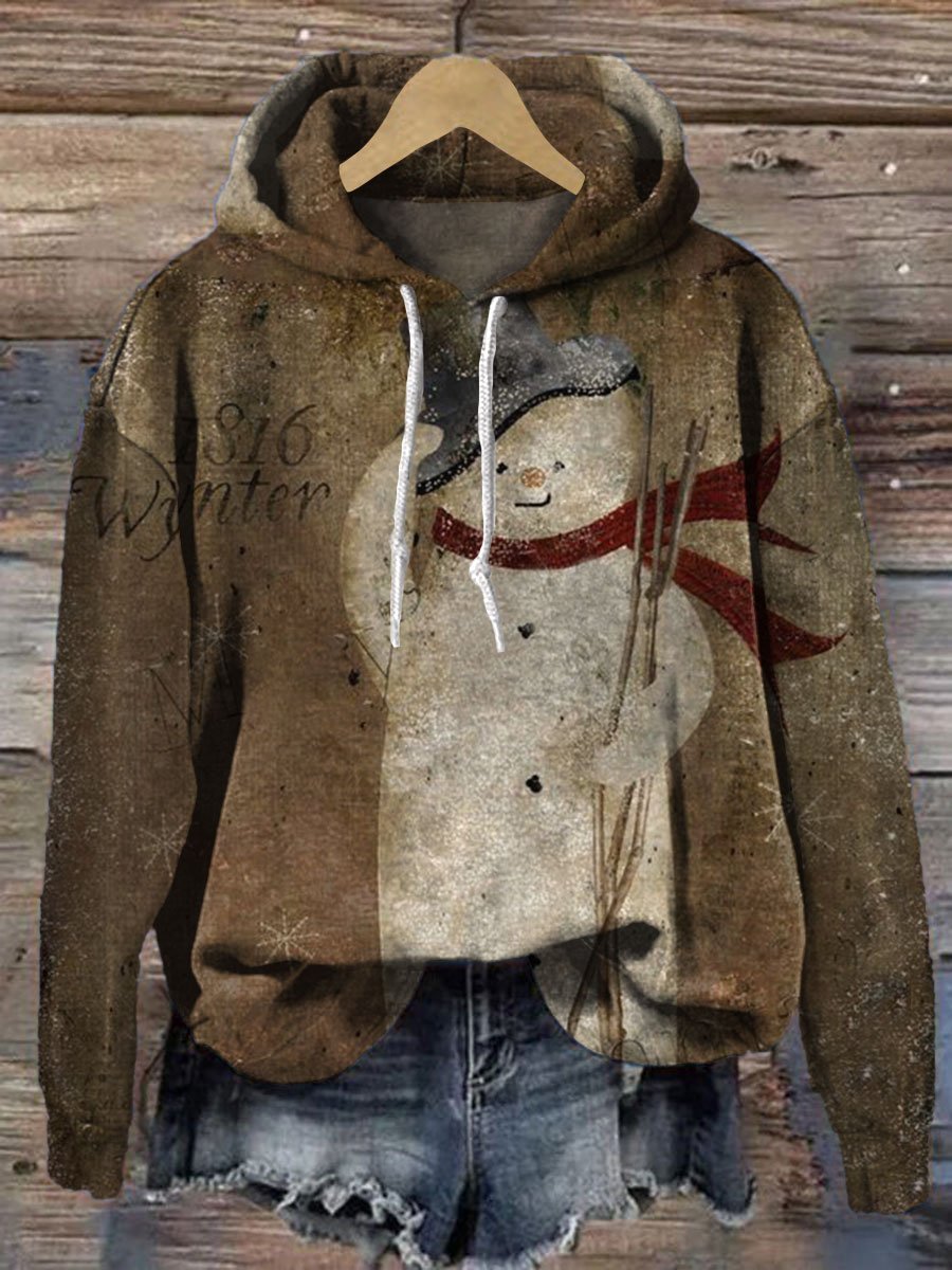 Vintage Christmas Snowman Print Casual Hoodie Sweatshirt