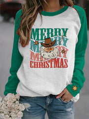 Christmas Cowboy Santa Print Casual Crew Neck Sweatshirt