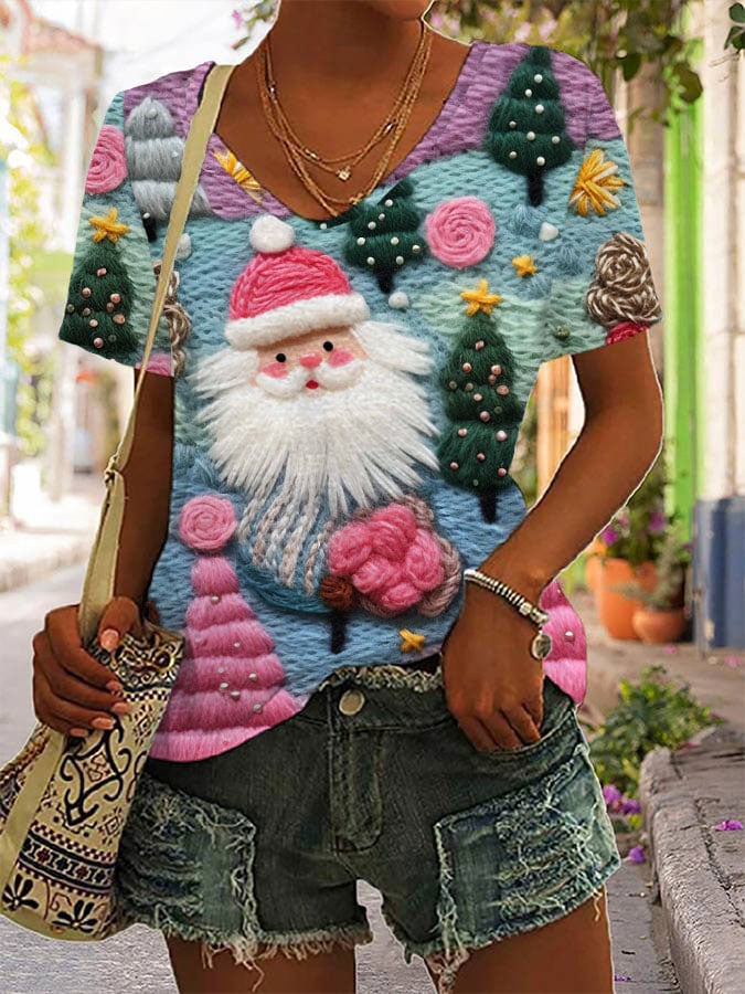 Pink Santa Print V-Neck T-Shirt