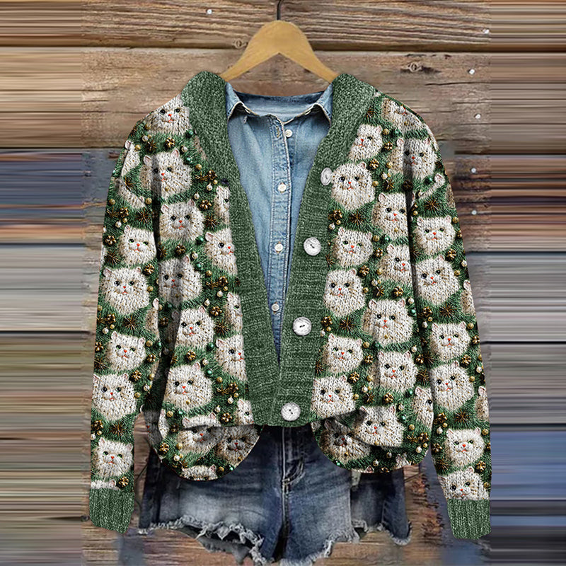 Christmas Tree Cat Print Long Sleeve Knitted Cardigan