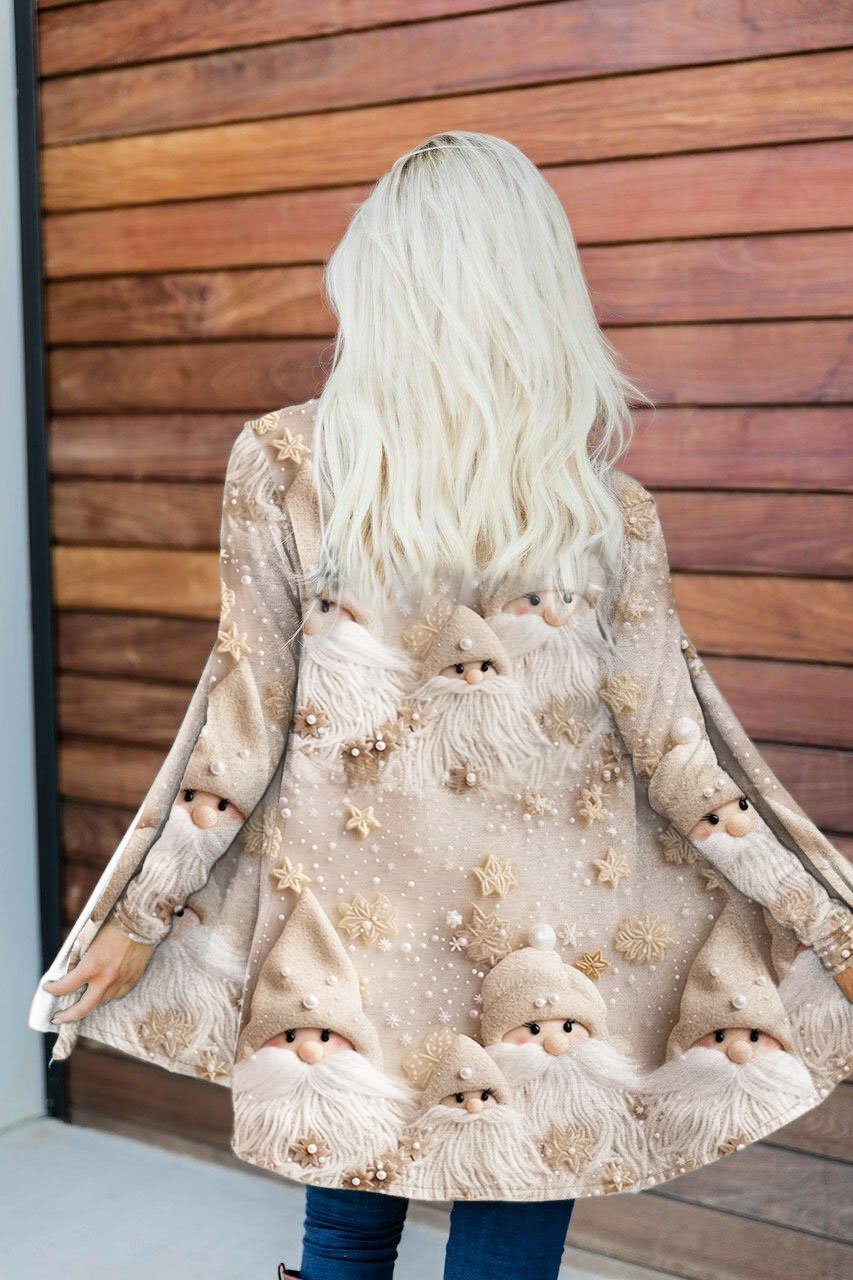 Women's Beige Winter Snow Christmas Gnomes Print Casual Cardigan