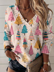Christmas Tree Print Knit V-neck Pullover Sweater
