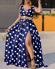 Polkadot Print High Slit Sleeveless Maxi Dress