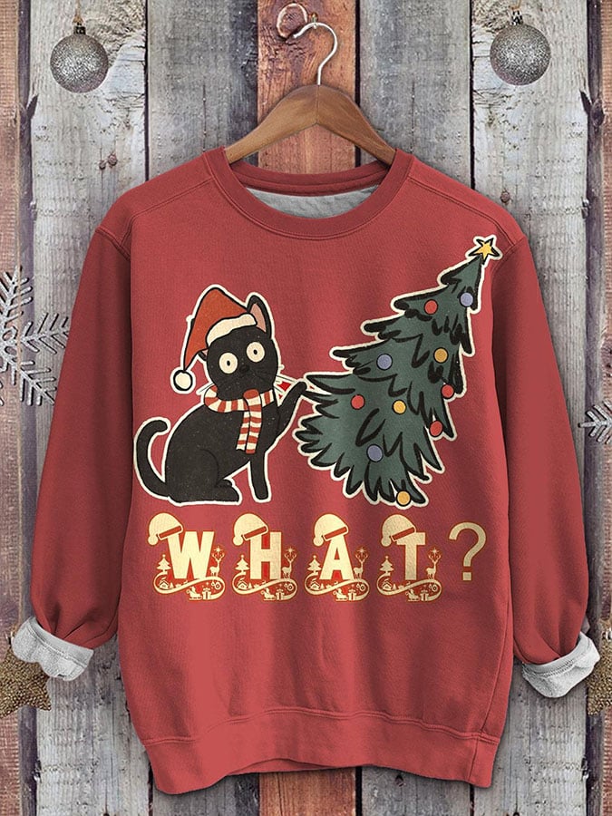 Casual Retro Christmas Black Cat Print Long Sleeve Sweatshirt