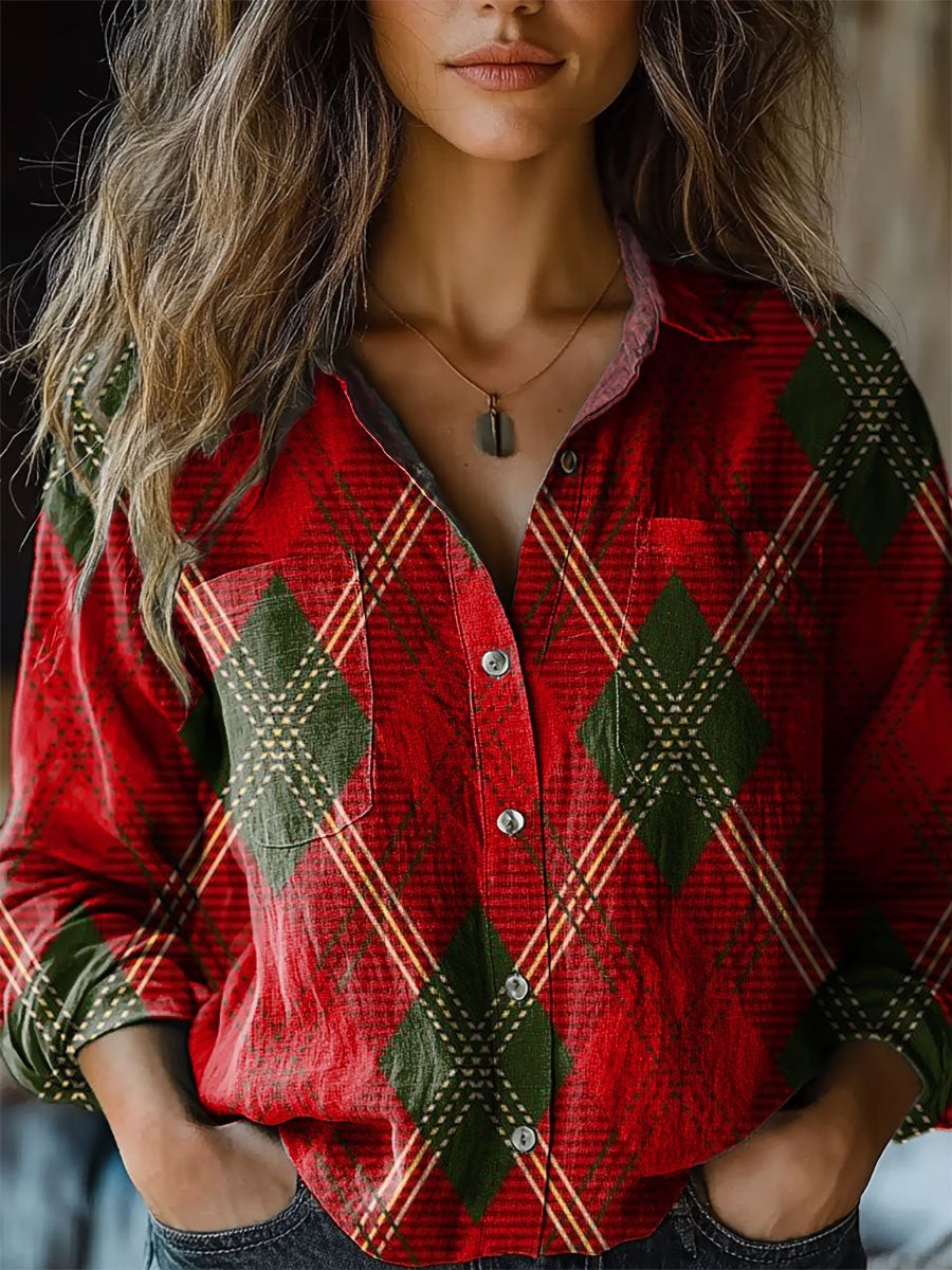 Retro Christmas Atmosphere Plaid Print Casual Long Sleeve Comfortable Cotton Shirt
