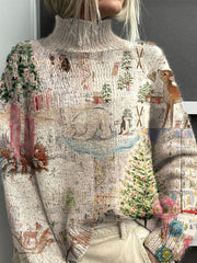 Vintage Christmas Art Print Knit Turtleneck Pullover Sweater