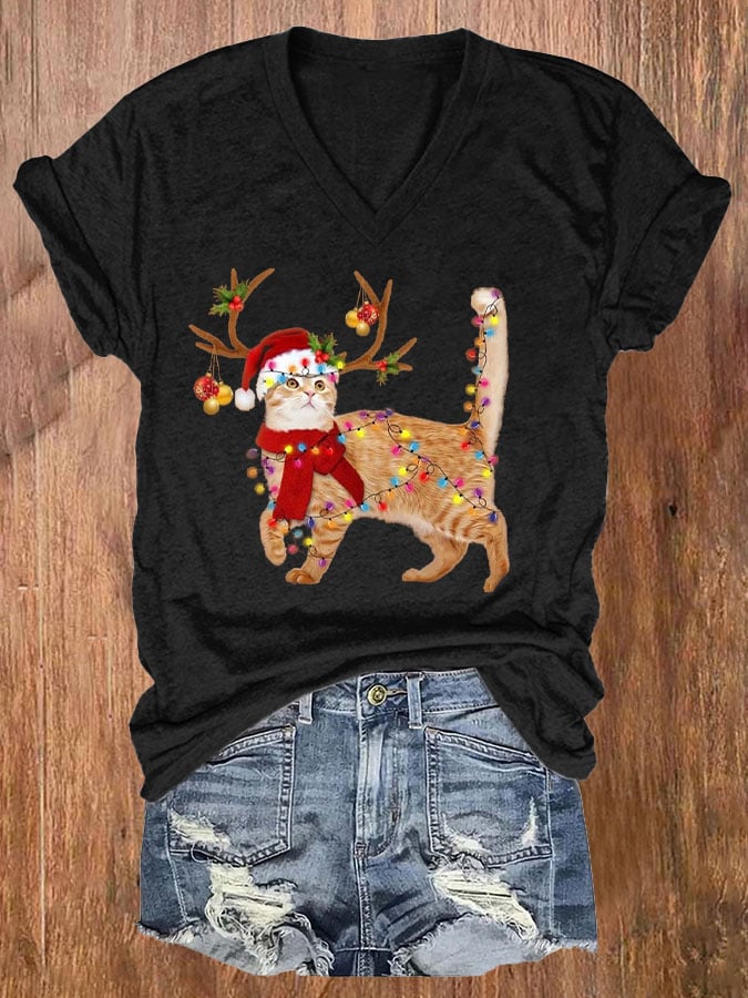Christmas Cat Lights Print T-Shirt