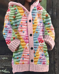 Christmas Tree Cat Embroidery Print Casual Hooded Cardigan