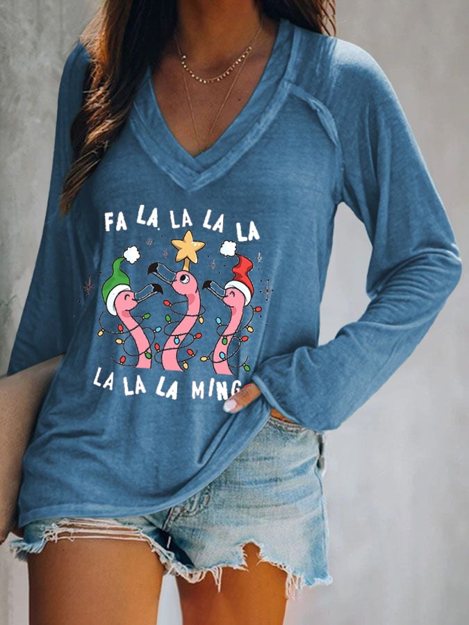 Christmas Flamingo Print Crew Neck Sweatshirt