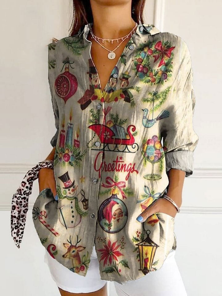 Vintage Christmas Art Print Casual Cotton Shirt