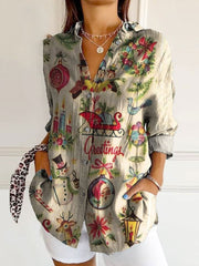 Vintage Christmas Art Print Casual Cotton Shirt