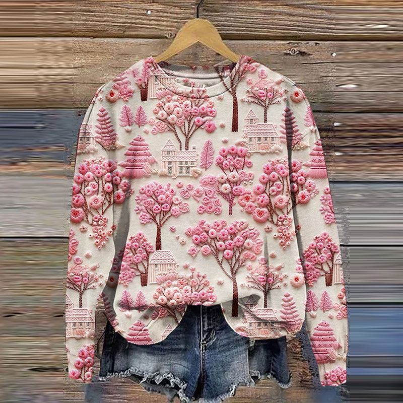 Floral Embroidery Art Print Casual Sweatshirt