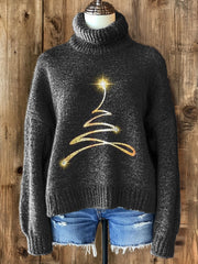 Merry Christmas Light Art Print Knit Turtleneck Pullover Sweater