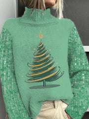Christmas Tree Printed Knitted Turtleneck Pullover
