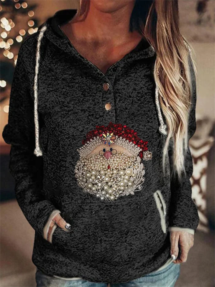 Women's Christmas Santa Claus Jewel Art Printed Casual Pocket Hoodie