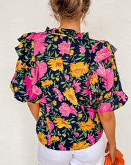 Floral Bubble Sleeve Ruffled Blouse
