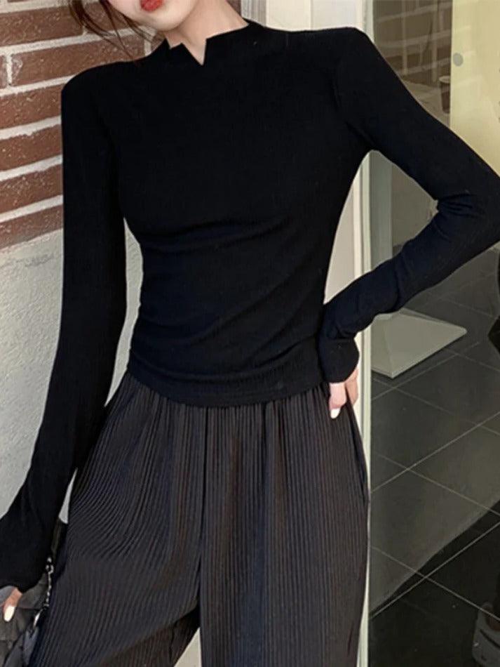Solid Notch Neck Slim Knit Sweater