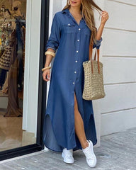 Denim Button Through Slit Shirt Dress
