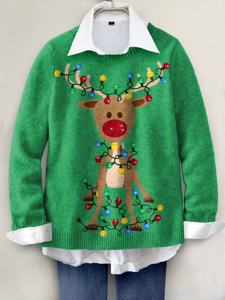 Christmas Deer Art Print Knit Pullover Sweater