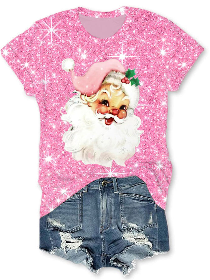 Pink Christmas Santa Print Tee