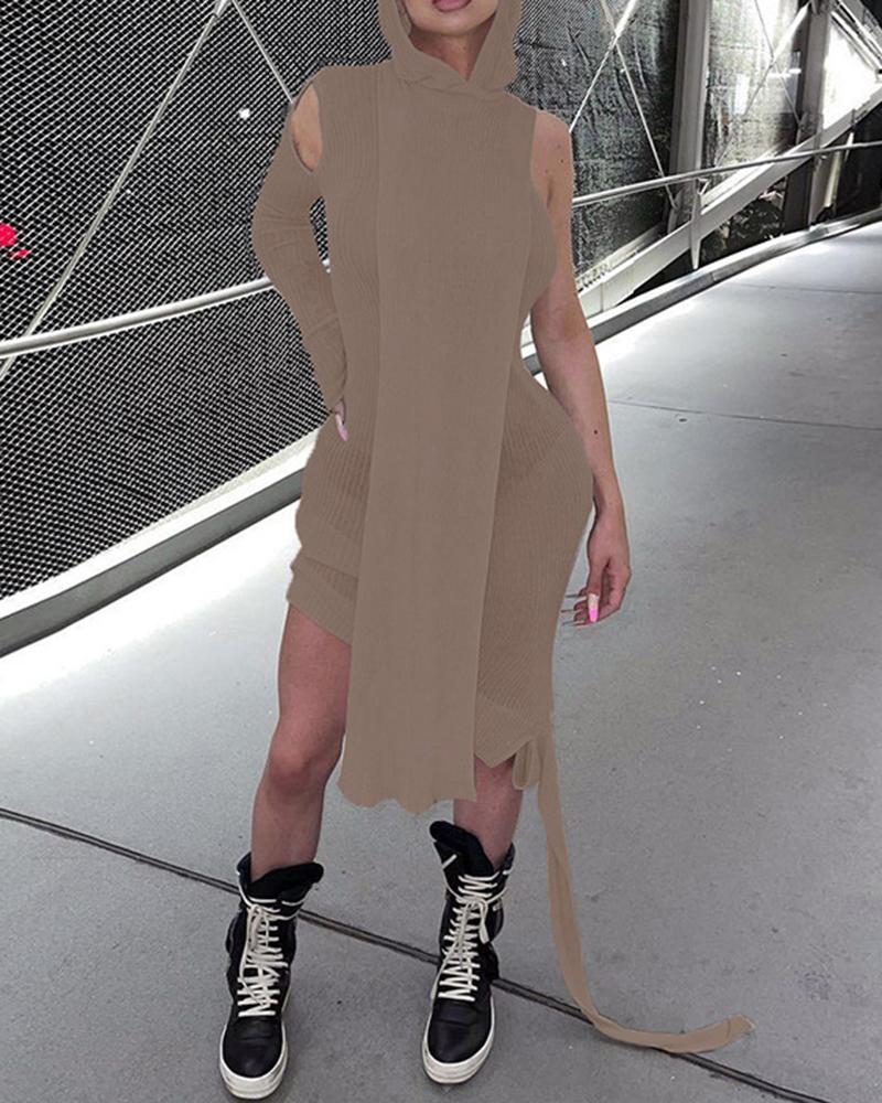 Solid Rib-Knit Cut Out Asymmetrical Hem Hooded Mini Dress