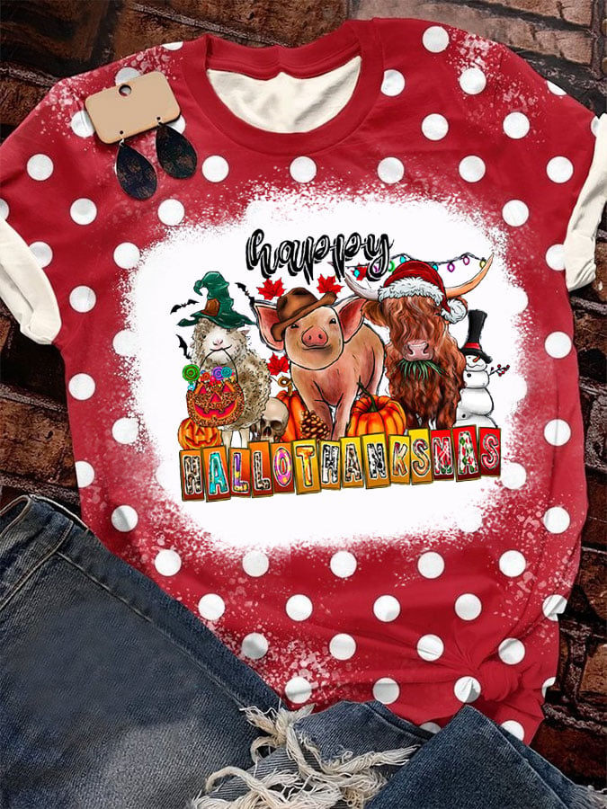 Happy Hallothanksmas Farm Animal Print Casual T-Shirt