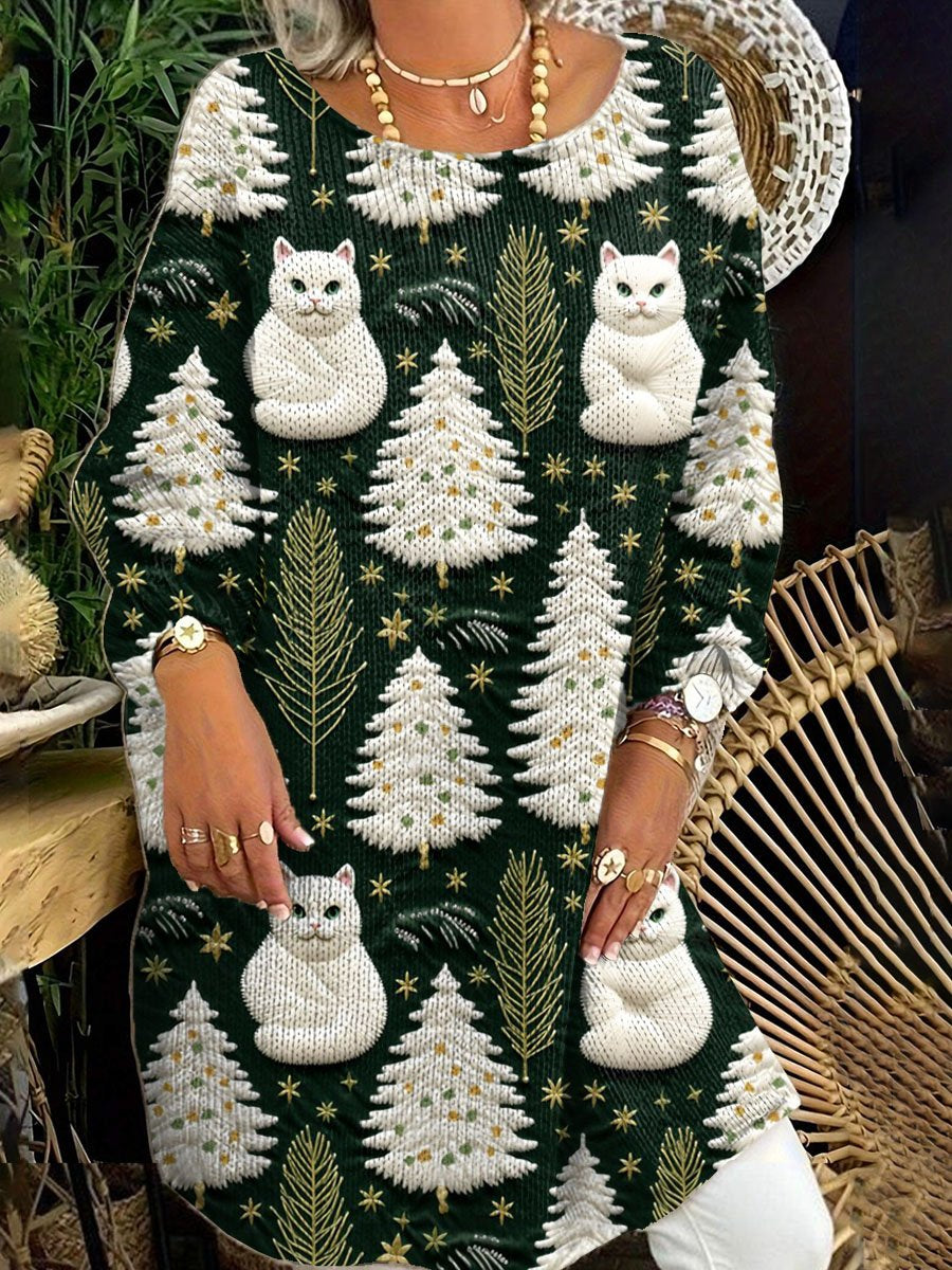 Lovely Christmas Tree Cats Art Print Casual Pullover Sweater Dress