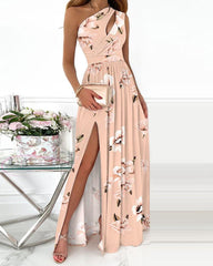 Floral Print Wrap Cut Out Split Thigh One Shoulder Maxi Dress