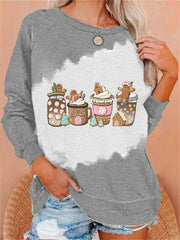 Gingerbread Christmas Coffee Printed Round Neck Long Sleeve Sweatshirt