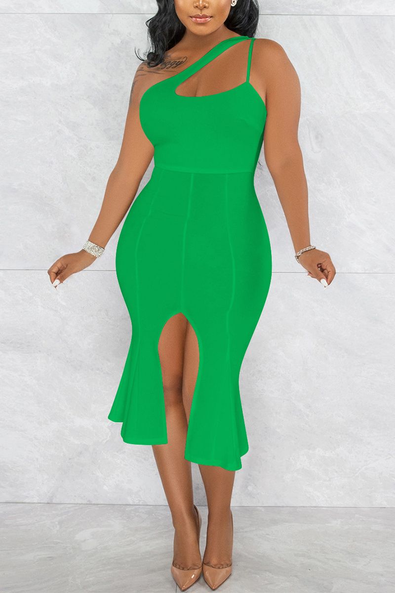 Split Front One Shoulder Midi Mermaid Dress