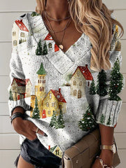 Christmas Pattern Art Print Knit V-neck Pullover Sweater