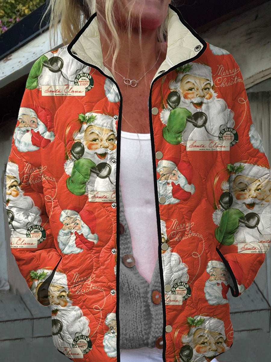 Vintage Christmas Santa Art Print Casual Quilted Jacket