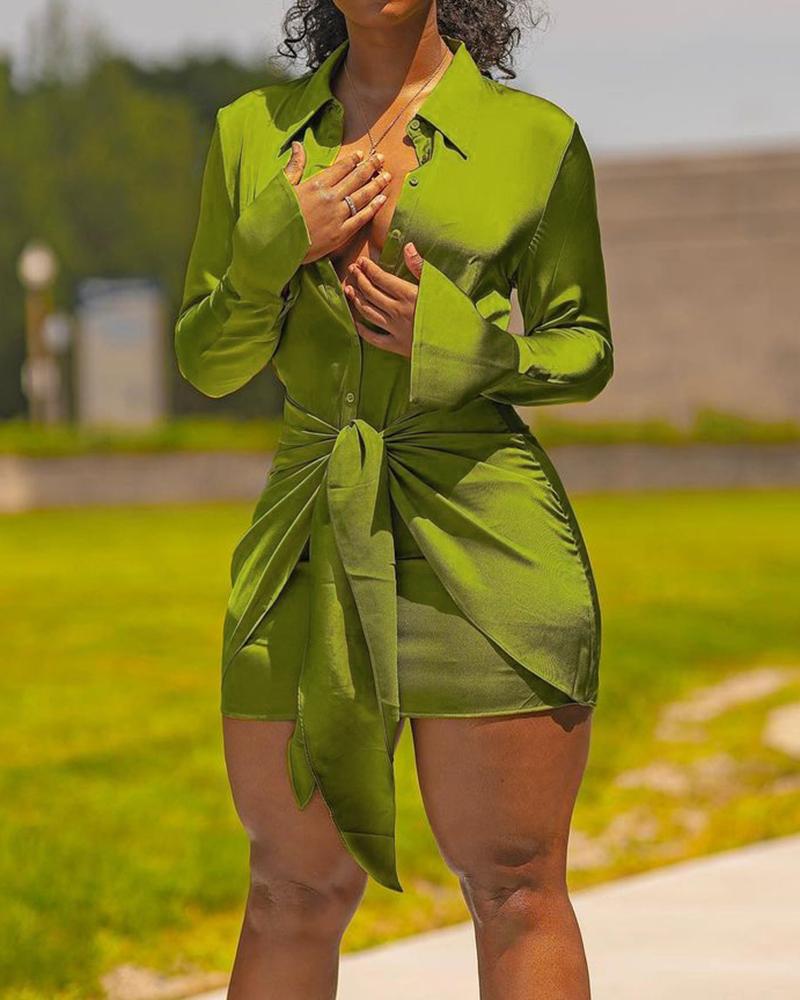 Satin Tie Front Button Up Split Cuff Mini Shirt Dress