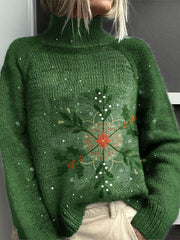 Vintage Christmas Snowflake Print Knit Turtleneck Pullover Sweater